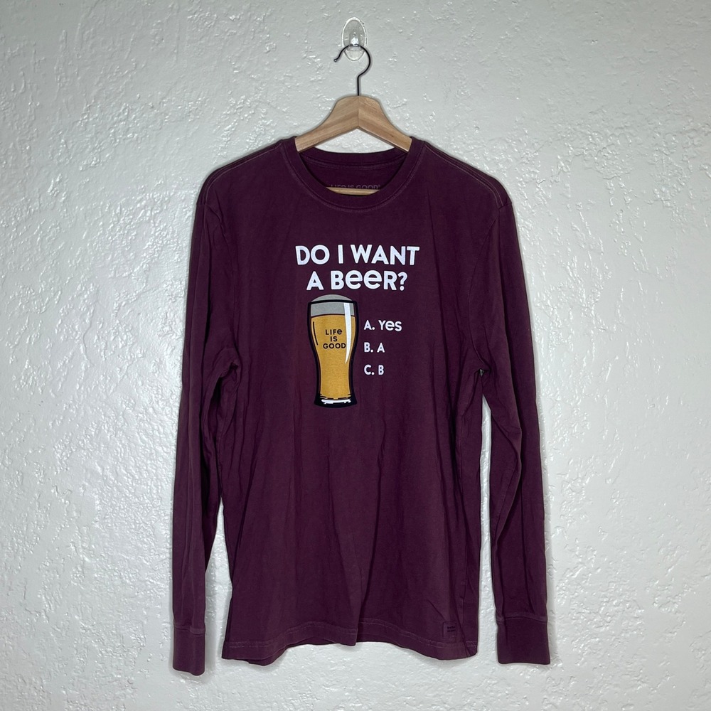 Life‎ is Good Mens Crusher Tee Long Sleeve Beer Graphic Maroon Burgundy Size M